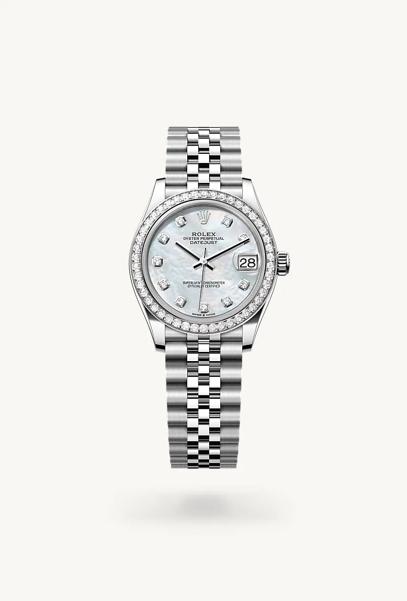 rolex Datejust in acciaio Oystersteel, oro bianco e diamanti, M278384RBR-0008 - Manì Boutique